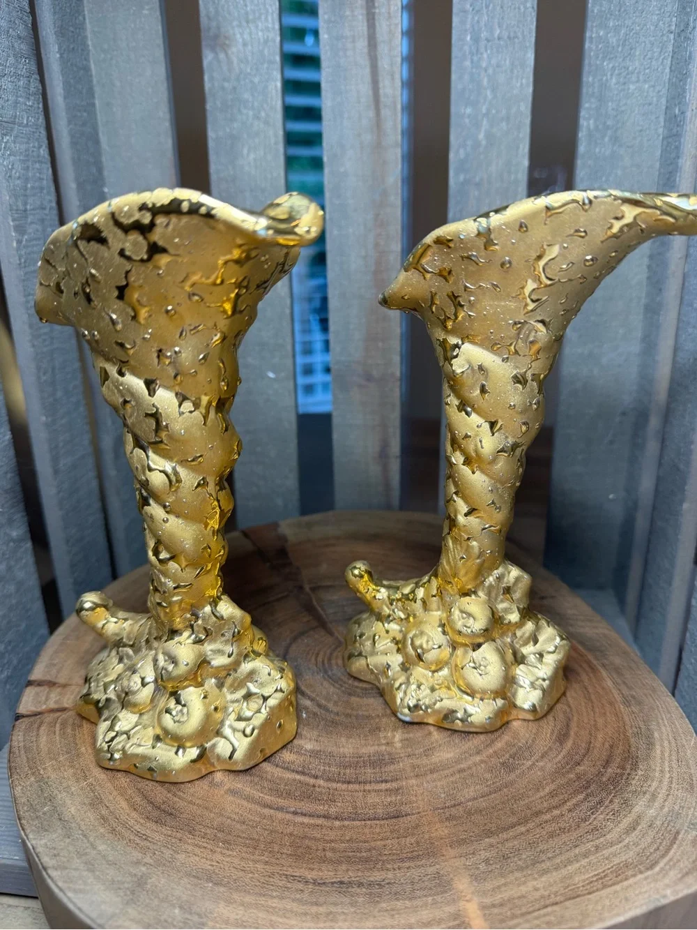 Weeping Gold Decorative Sculptural Cornucopia Candle Holders/Vases - Set of 2